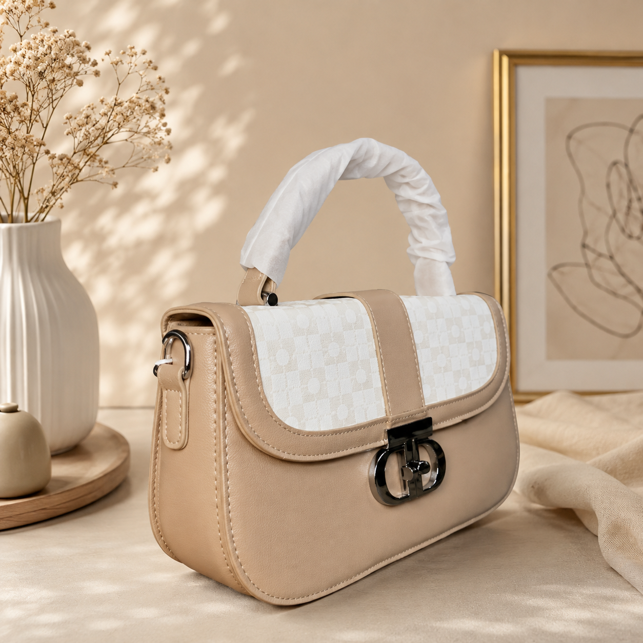 Beige and White Colorblock Handbag/ Croos body bag