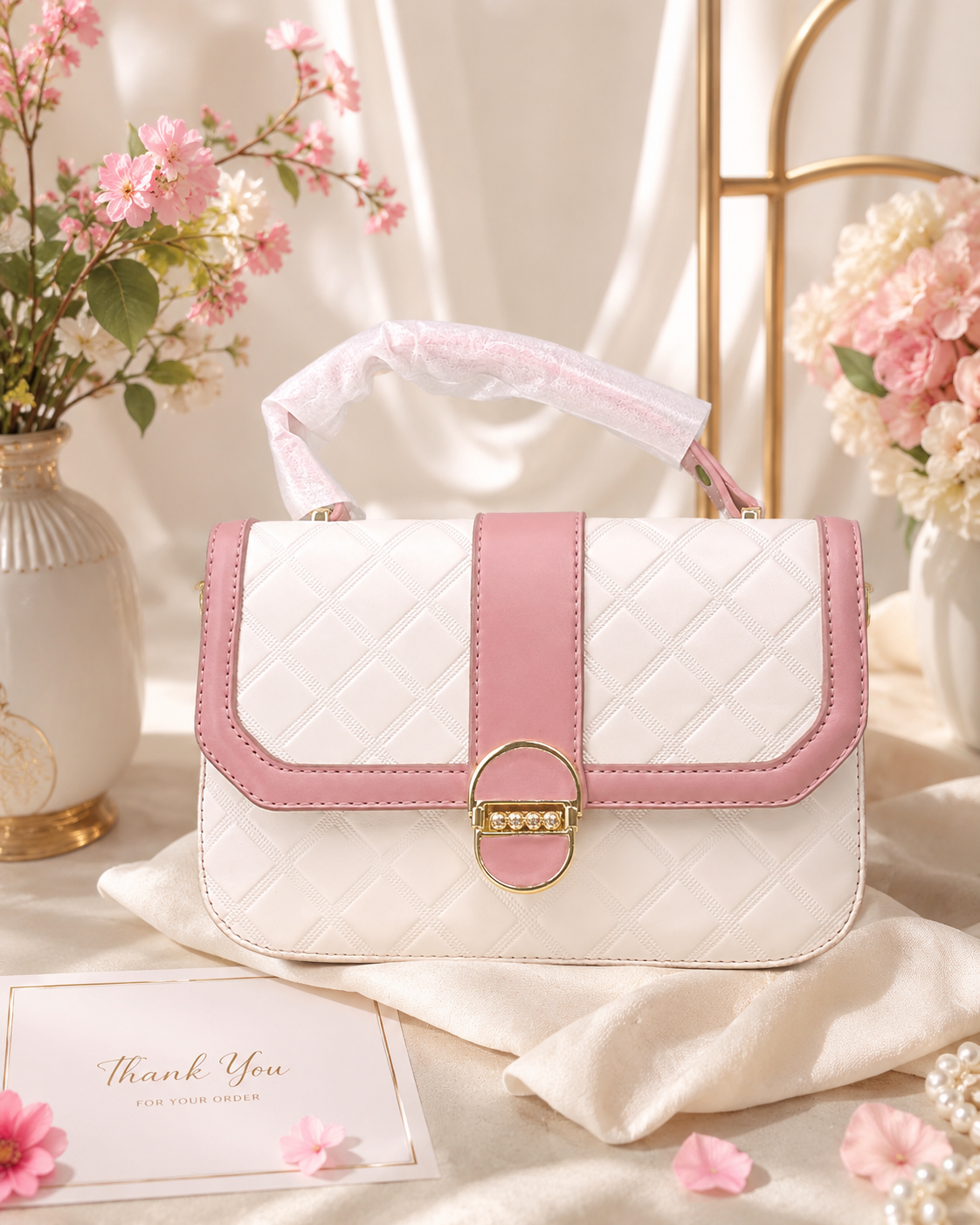 Pink & White Diamond Quilted Crossbody Bag